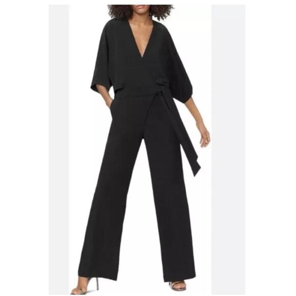 Halston,Sz 8 designer faux wrap connecting elastic waist wide leg cape jumpsuit - Picture 3 of 12